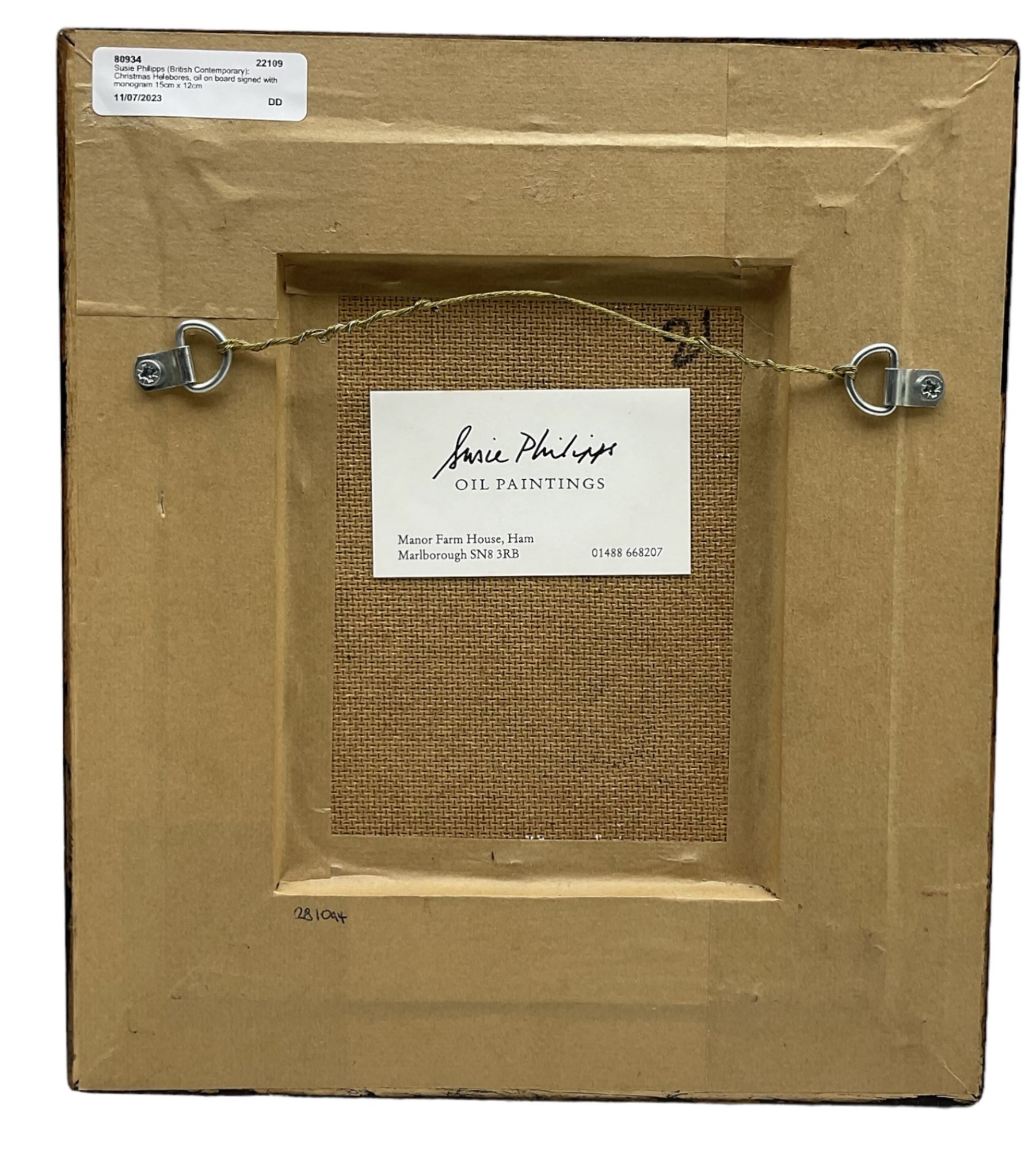 Susie Philipps (British Contemporary): Christmas Helebores, oil on board signed with monogram, artist's studio card verso 15cm x 12cm