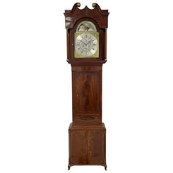  Pattison of Halifax - Late 18th century mahogany 8-day longcase clock, With a swans necked pediment and brass patera, recessed break arch hood door beneath flanked by plain turned pilasters with brass capitals, trunk with satinwood inlay, reeded columns and a curved top door with an ivory escutcheon, conforming plinth raised on bracket feet, brass dial with a rolling moon to the arch, cast spandrels , engraved and silvered dial centre  and chapter ring, chapter with Roman numerals, five minute Arabic's and minute markers, makers name to the dial centre with seconds and date work, dial pinned to a rack striking movement, striking the hours on a cast bell. With weights and pendulum. John Pattison is recorded as working in Halifax c1783.   

This item has been registered for sale under Section 10 of the APHA Ivory Act