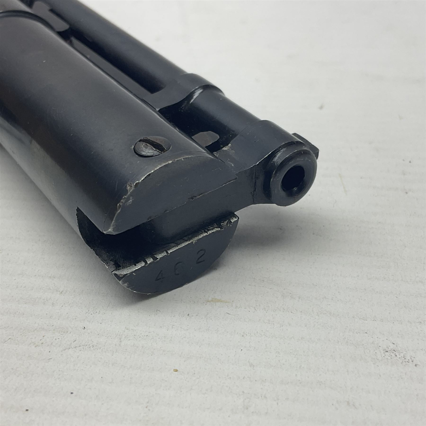 Webley Premier .177 cal. air pistol with top lever action, serial no.462; in original box with label under lid NB: AGE RESTRICTIONS APPLY TO THE PURCHASE OF AIR WEAPONS.