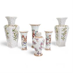 Pair of Ernst Bohne Söhne flower encrusted vases, of square section form, H19cm together w...