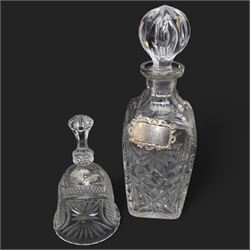 Six crystal decanters, four with silver labels and one with silver plated mount, and one etched glass dinner bell, tallest H30cm 