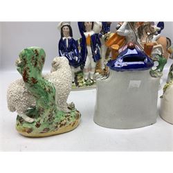 Quantity of Victorian and later Staffordshire style figures, to include examples upon horseback, sheep, drummer etc
