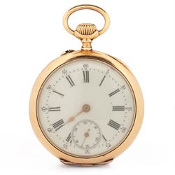 Early 20th century 18ct gold open face keyless lever fob watch by A. Bornand, Montreux, No...