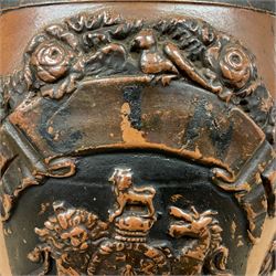 19th century stoneware spirit barrel, with applied relief moulded decoration of coat of arms beneath a banner inscribed GIN, flanked by flowers emblematic of The Union, and two recumbent lions, H28cm