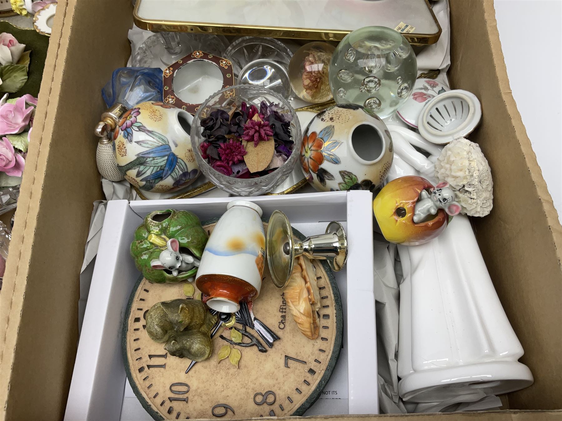 Royal Doulton Greenbrier pattern tea wares, together with a collection of porcelain flowers, Murano style coloured glass bowls, other ceramics and glassware, in four boxes 