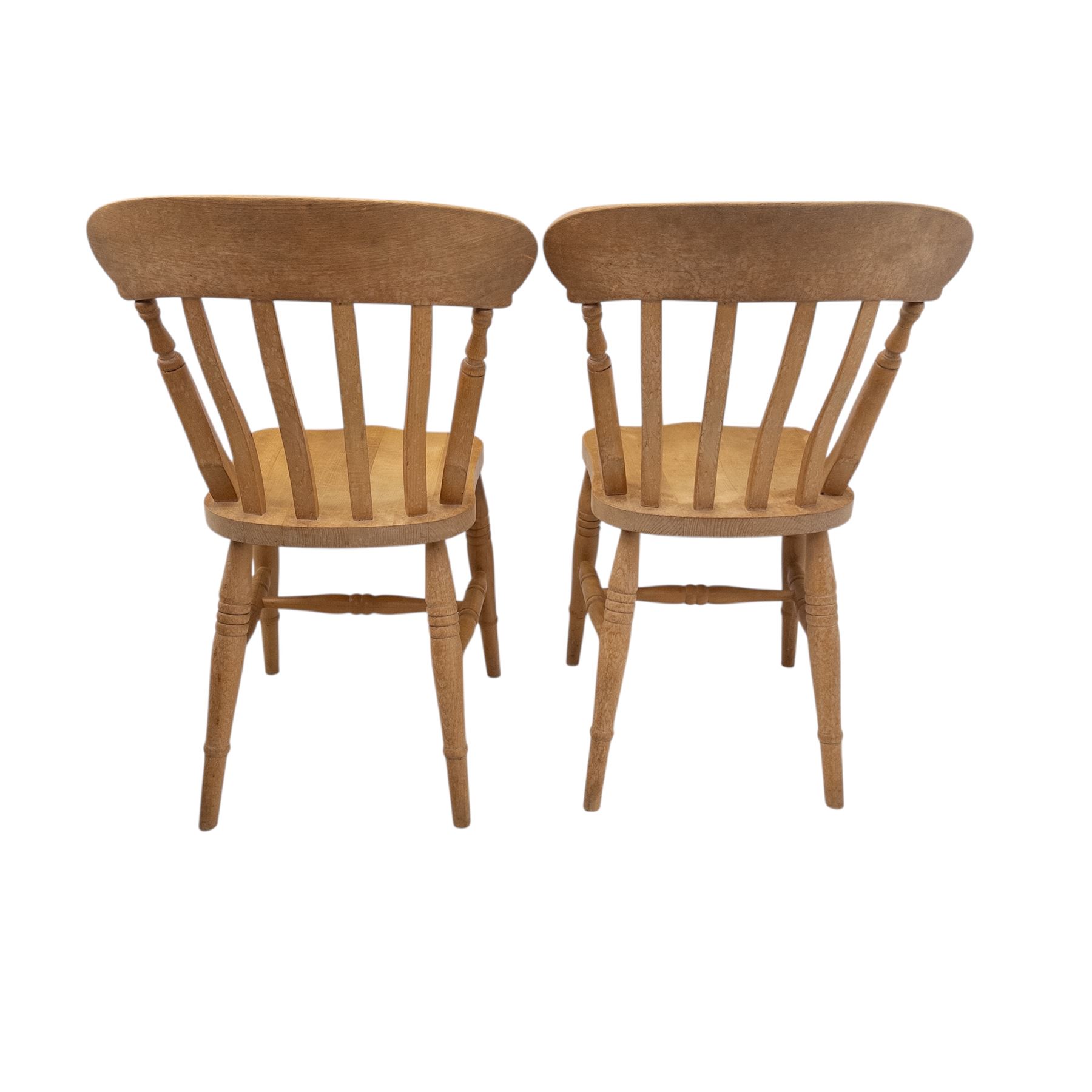 20th-century stripped pine dining table with four beech farmhouse kitchen chairs came, rectangular top with moulded edge and rounded corners, raised on four turned legs, chairs with curved back and turned supports with solid shaped seat raised on turned legs united by stretchers, W37xD39xH84cm