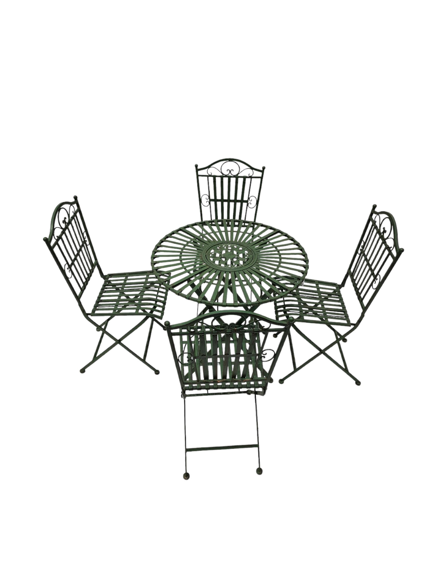 Wrought metal slatted round folding garden table and four chairs in green finish - THIS LOT IS TO BE COLLECTED BY APPOINTMENT FROM DUGGLEBY STORAGE, GREAT HILL, EASTFIELD, SCARBOROUGH, YO11 3TX