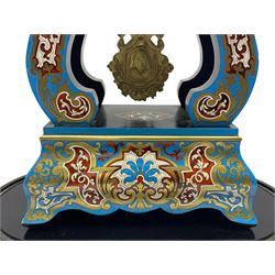 Breguet A Paris - Mid-19th century 8-day French portico clock, ebonised case with brass and cloisonne inlay, on a rectangular plinth with a shaped base, white enamel dial with blue Roman numerals, minute track and steel trefoil hands, cast brass bezel with scroll and foliate decoration and a conforming gridiron pendulum, twin train going barrel movement with a countwheel strike sounding the hours and half-hours on a bell, with an ebonised base and glass dome. 