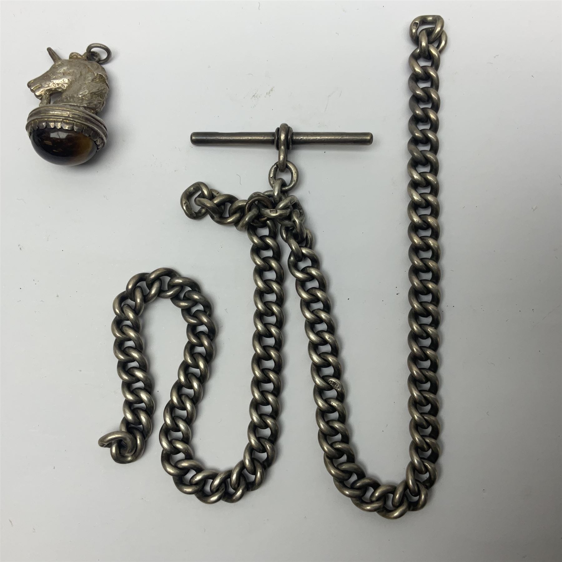 Edwardian silver open faced lever pocket watch, with subsidiary seconds dial, by WE Watts Nottingham, hallmarked William Ehrhardt, Birmingham 1906, together with a silver Albert chain, silver tiger's eye unicorn fob, and a silver vesta case with double sided fob, all hallmarked 