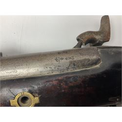 19th century Indian .577 Enfield muzzle loading rifle, proofed for 26-bore, the 98.5cm barrel with three barrel bands and later ram rod L140cm overall; 19th century Belgian side-by-side double barrel percussion shotgun, approximately 20-bore, with 74cm barrels and studded walnut stock, lock plate marked 'Liege 1868' and 'V. Gulikers-Maquinay' L117cm overall; and another side-by-side double barrel shotgun by Smythe with underlever opening (3)