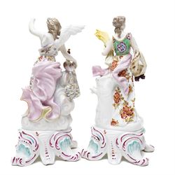 *18th century Chelsea porcelain vase, c1756-1759, with moulded floral decoration, with reserve panels of birds, gold anchor mark to base, H21cm; together with a pair of Sampson figures in Chelsea style, modelled as two female figures holding a peacock and corn, H22, and one further pair of Sampson figures, H17cm (5)From the Kirkham Hall Attic & Cellar Collection, sold without reserve
