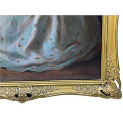 Anton Hölperl (Czech/Austrian 1820-1888): Girls Spinning, Embroidering and Grinding Coffee in Traditional Gowns, set three oils on canvas signed and dated 1863, 57cm x 43cm (3)