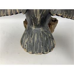 Wooden sculpture of Cormorant aquatic bird on a naturalistic wooden plinth, H46cm