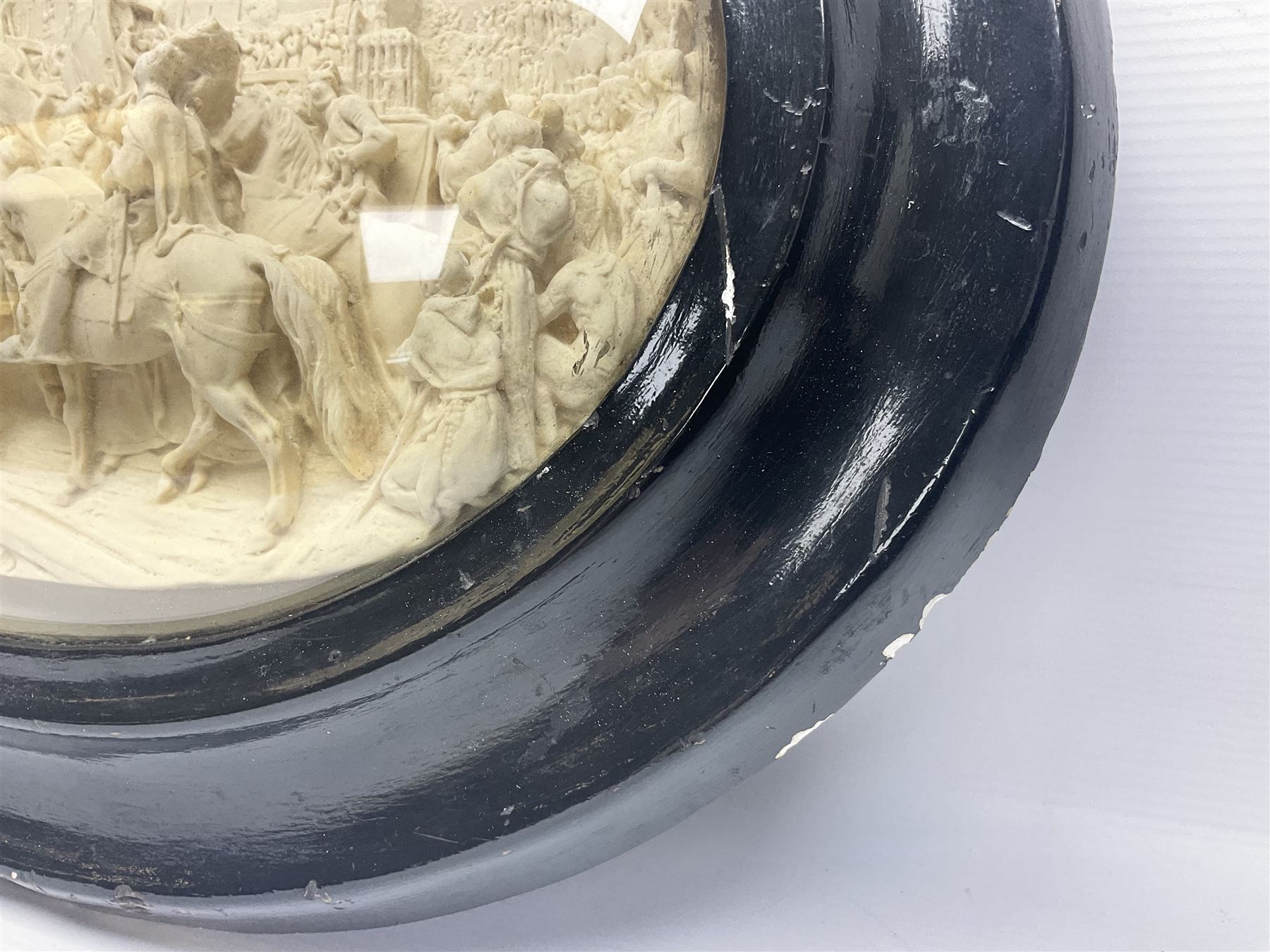 Justin Mathieu; oval high relief plaque depicting a battle scene, within frame H36cm