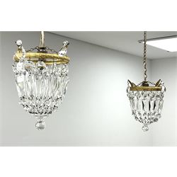 A pair of cut glass bag chandeliers with gilt metal mounts of clear glass drops, approximately H23cm.