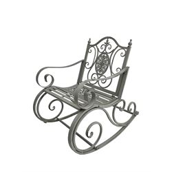 Regency design wrought metal rocking garden bench armchair, pierced back with scroll design and central foliate medallion over strap seat, with C-scroll arms and supports, in antique grey finish