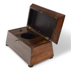 Victorian rosewood tea caddy, of sarcophagus form with mother of pearl escutcheon, upon four squat bun feet, H19cm