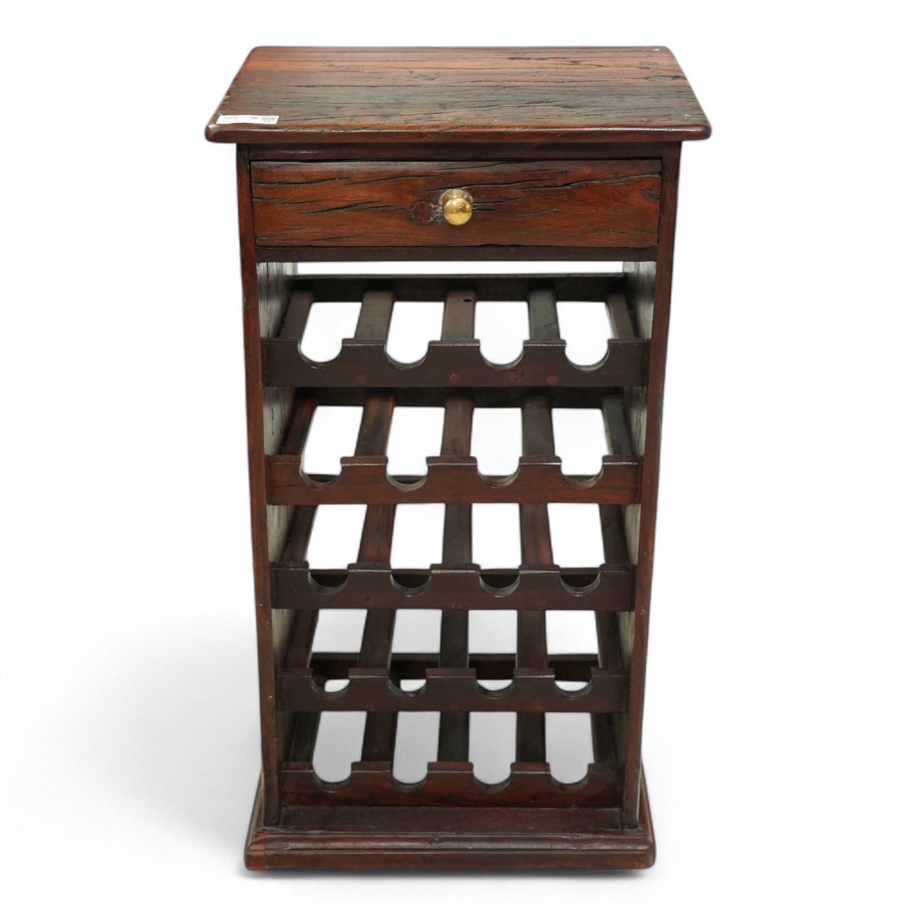 Contemporary hardwood rustic pine wine rack, rectangular top over five slatted tiers with shaped bottle apertures, open sides and plinth base