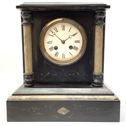 Victorian black slate and marble mantel clock, circular Roman dial enclosed by two marble pilasters, decorative engraving, twin train movement striking the hours and half on coil