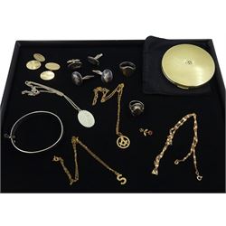 Gold Masonic pendant necklace, two god necklaces and a stone set flower pendant, silver-gilt compact, engine turned decoration with initialled cartouche by Kigu Ltd, London 1961, Siam silver cufflinks, two silver rings and bangle and a pair of silver-gilt cufflinks, all hallmarked or tested and one other necklace