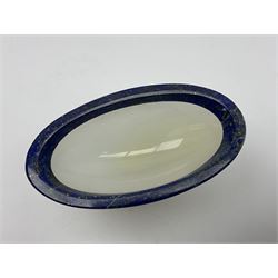 Pair of lapis lazuli and agate open salts, of navette form, upon a stepped oval pedestal foot, H5cm, L8cm