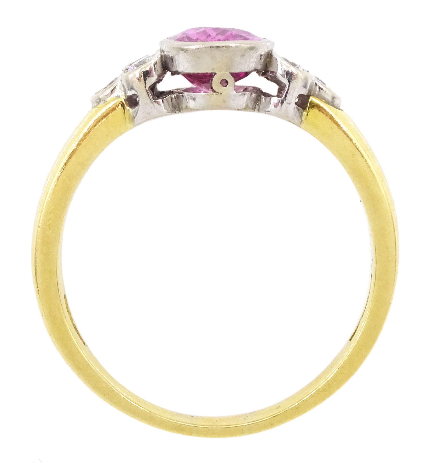 18ct gold oval cut pink sapphire and six round brilliant cut diamond ring, London 1998, sapphire approx 1.35 carat, total diamond weight approx 0.20 carat