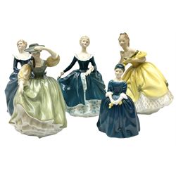 Royal Doulton figures, comprising The Last Waltz HN2315, Cherie HN2341, Fragrance HN2234, Buttercup HN2309 and Janine HN2461.  