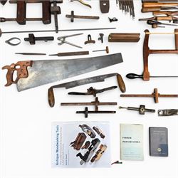 Collection of planes and woodworking tools including wood planes, chisels, hammers etc along with three books (Antique Woodworking Tools, Timber Preservation and Woodworkers Pocket Book)