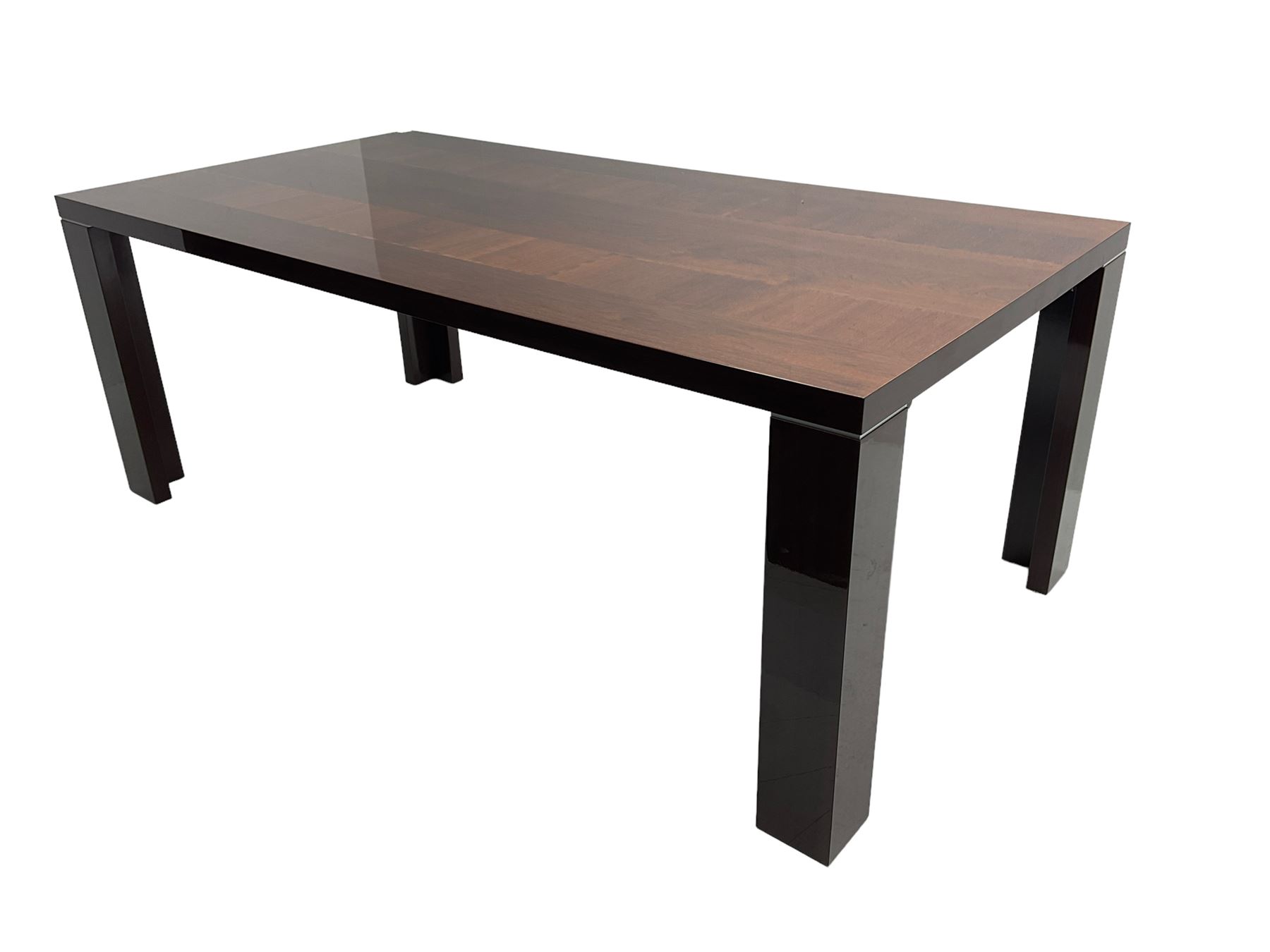 Large American walnut rectangular dining table on square block supports, together with set eight high back dining chairs with cream upholstered seats, the top and chair backs with matching inlaid geometric banding