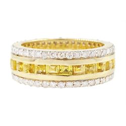 Gold yellow sapphire and diamond three row full eternity ring, channel set calibre cut sap...