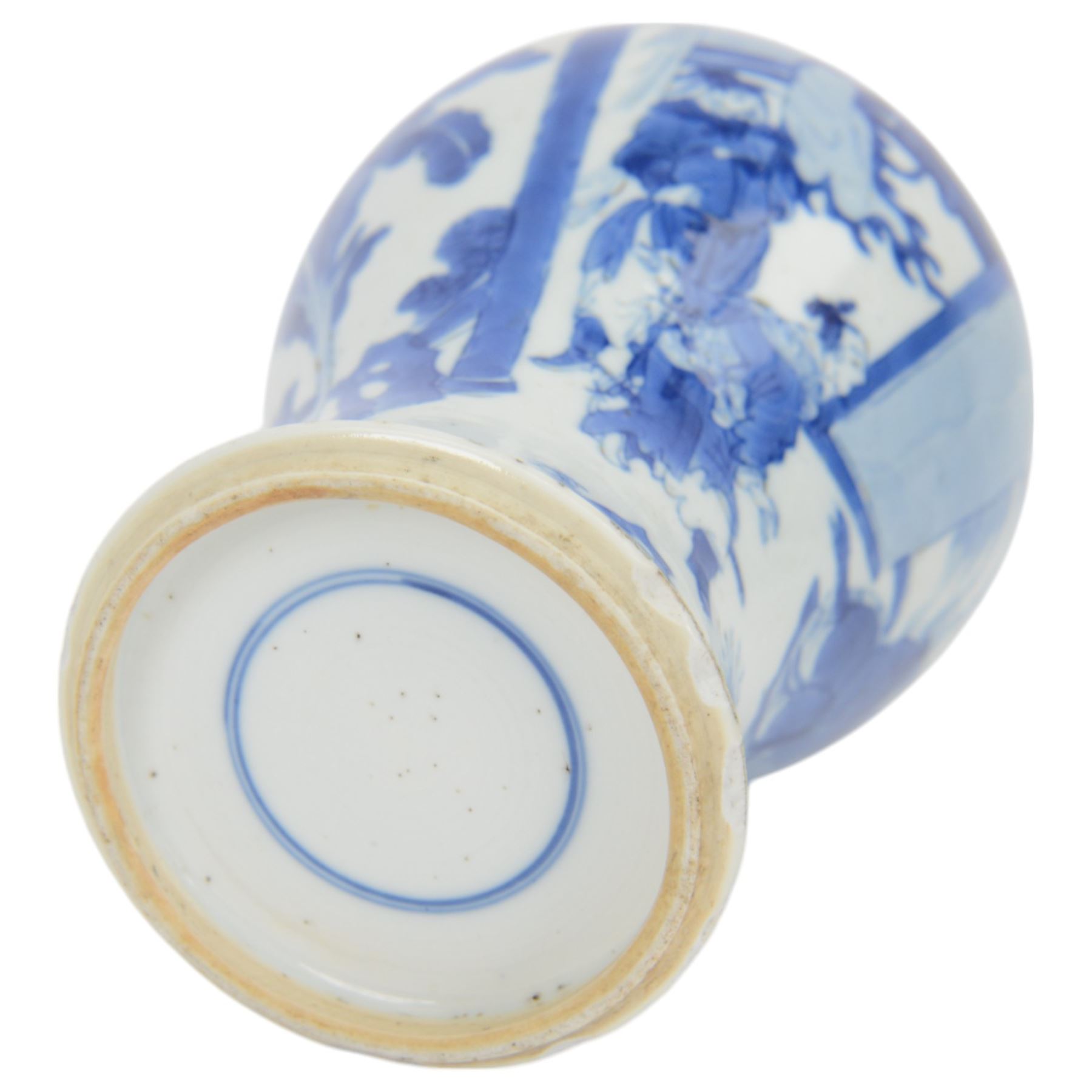 Chinese Kangxi porcelain vase, of baluster form painted in underglaze blue with seated figures and attendants, with fence, rockwork and leafy bamboo branches, with concentric circles mark beneath, H22.5cm