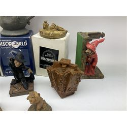 Terry Pratchett Discworld figures, comprising Roderick the hippo, DWE2, a 1995 event piece, Rincewind bookend, DW11, Death bookend, DW12, Librarians wizard knob, boxed, DW55, the luggage, boxed, DW04, tankard from the mended drum, DW21, Teppic the assassin, DW32, Greebo, DW45, Herne the hunted, DW64, Gaspode,  DW31, Quoth on skull, DW49 and Dibbler's compass DW16. 