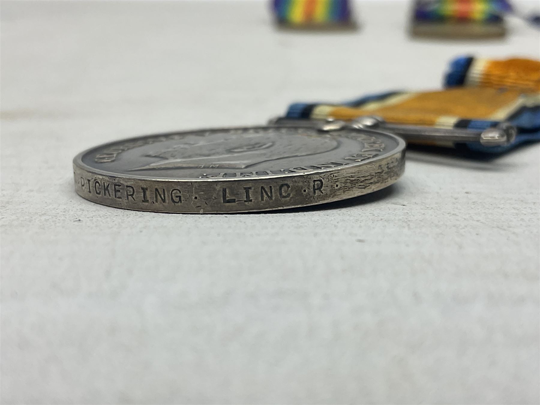Five WW1 Lincolnshire Regiment medals comprising British War Medal awarded to 37660 Pte. T. Pickering; British War Medal to 42664 Pte. A. Lancaster; Victory Medal to 203847 Pte. P. Stevenson; Victory Medal to 28138 Pte. H. Gale; and Victory Medal to 46875 Pte. J. Owen; all with ribbons; some biographical details (5)