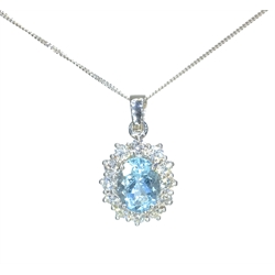  18ct white gold oval aquamarine and diamond cluster pendant necklace hallmarked aquamarine = 1.3 carat, diamond = approx 0.6 carat  