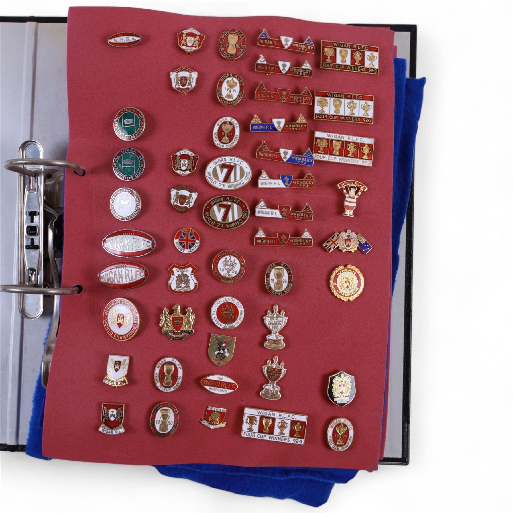 Rugby league enamel badge collection, from Swinton Lions, Wakefield Trinity, Warrington Wolves, Whitehaven, Widnes Vikings, Wigan Warriors, Workington Town and York City Knights, including Wigan Wembley and Cup Winners examples, housed in two folders, (approximately 300)