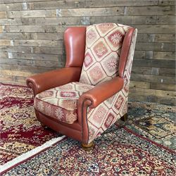 Tetrad Eastwood Wingback Leather Kilim Armchairs Brown with footstool,
