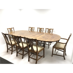 19th century style extending oak dining table, two leaves, baluster supports joined by shaped stretchers (W273cm, H75cm, D121cm) and set eight (6+2) oak dining chairs, shaped cresting rail, pierced splat, upholstered seat, square supports (W58cm)