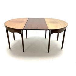 Mahogany circular dining table consisting of two d-end demi-lune side/console table, square tapering reeded supports