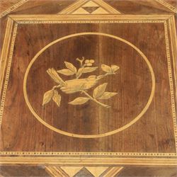 Mid-20th century Italian marquetry inlaid walnut centre table, octagonal top decorated with radiating panels and central foliate roundel, crossbanded borders with line inlay, raised on turned column and tripod base