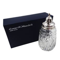 Modern silver mounted crystal sugar caster, the crystal body with hobnail cut decoration, with silver pierced domed lid, hallmarked 	Laurence R Watson & Co, Birmingham 2009, H14cm, boxed 