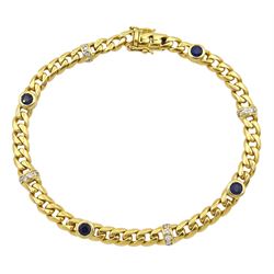 18ct gold round sapphire and diamond curb link bracelet, stamped 750
