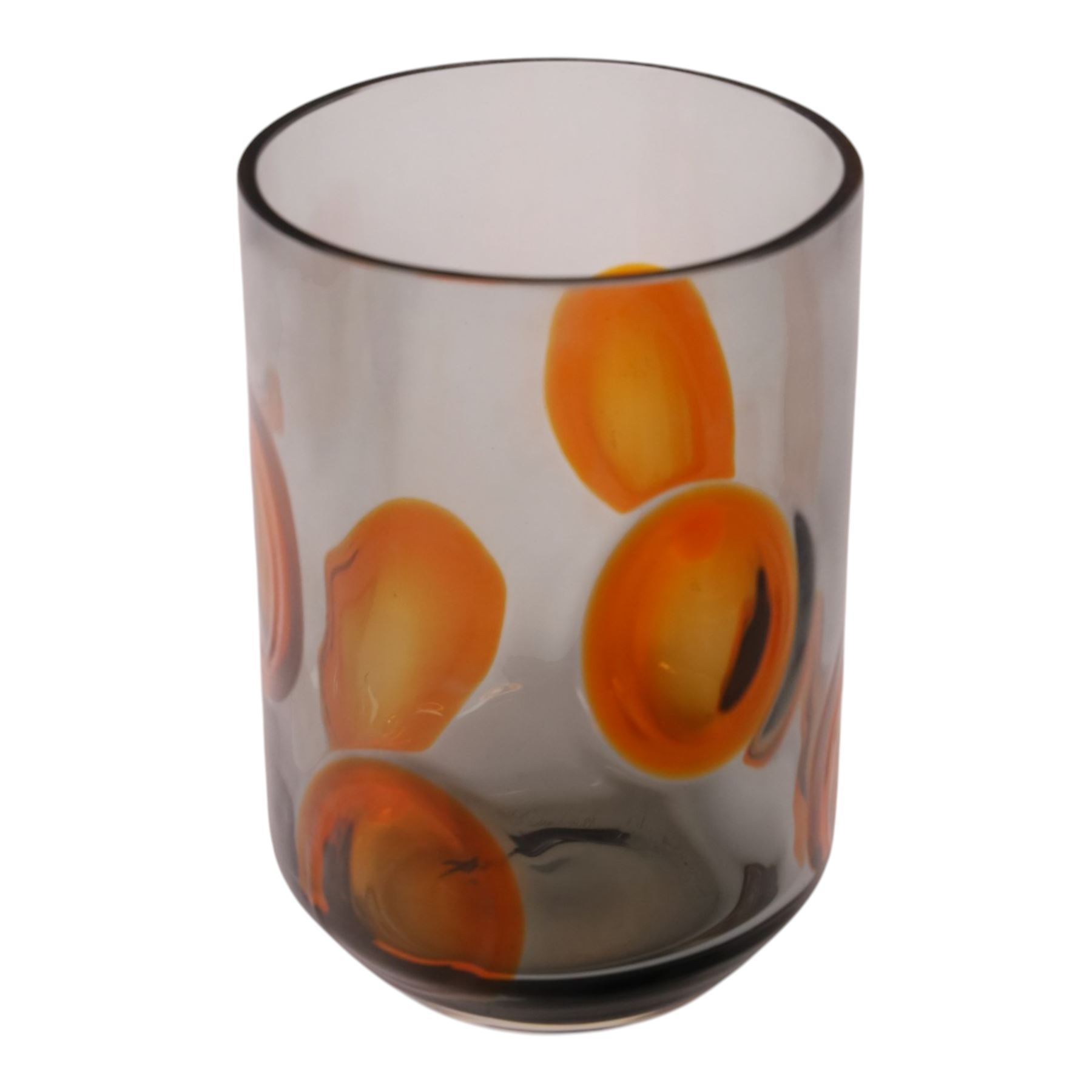 Whitefriars cylindrical vase in smoky brown with orange applied spots designed by Geoffrey Baxter, H19cm