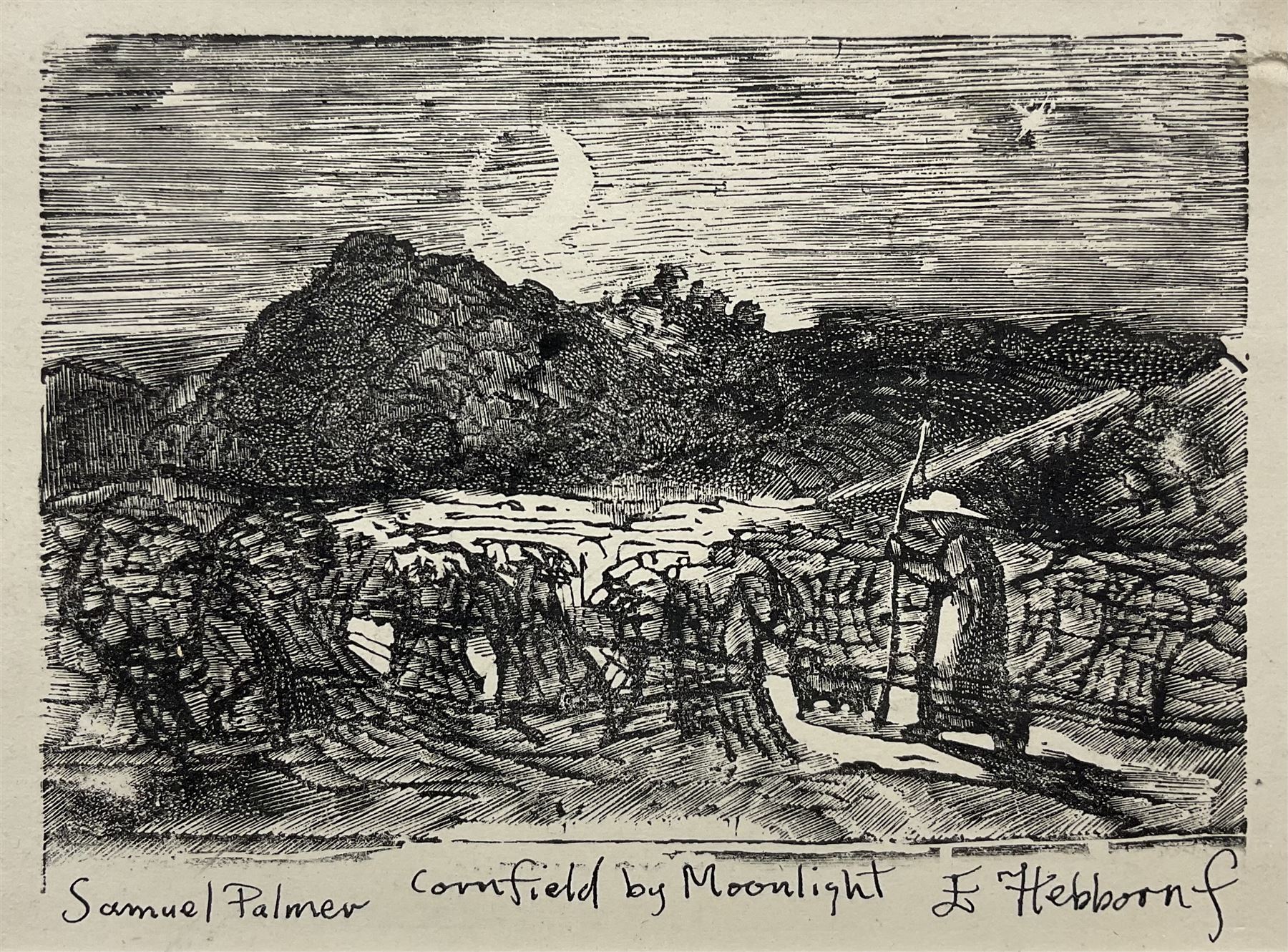 Eric Hebborn (British 1934-1996) after Samuel Palmer (British 1805-1881): 'Cornfield by Moonlight', pen and ink signed and titled 7cm x 10cm 
Provenance: gifted to the vendor's brother, the artist Trevor Frankland (1931-2011), by the artist when the pair were studying at the Royal Academy.