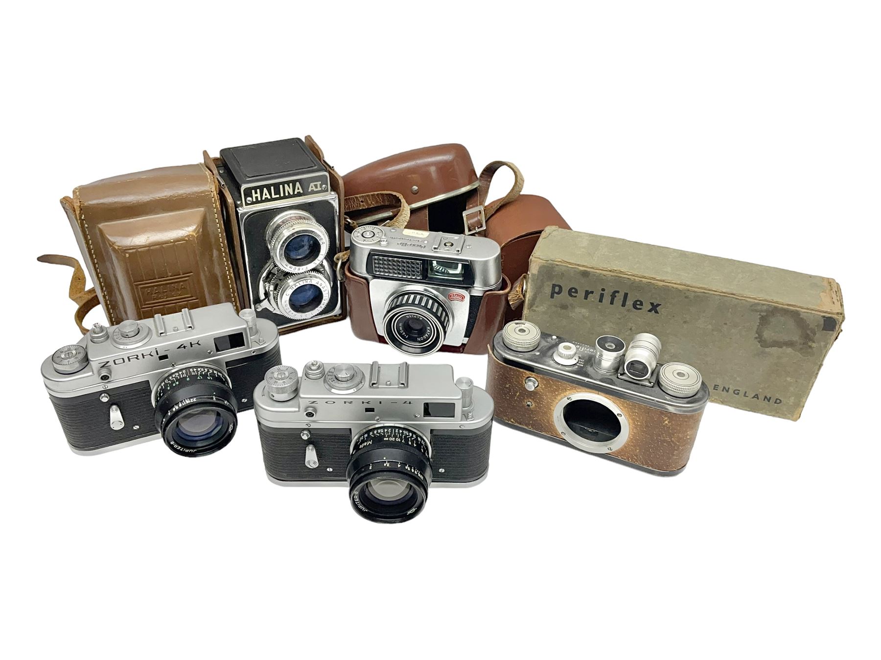 Zorki-4K camera body, serial no 74334713 with 'Jupiter-8 2/50' lens serial no 7454365, Zorki-4 camera body serial no 71012418 with 'Jupiter-8 2/50' lens serial no 0174594, and three other cameras 