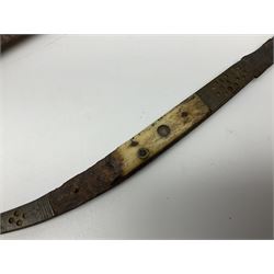 19th century continental folding knife with 15.5cm single edged blade, the pierced brass and iron handle with remains of horn grips L21.5cm overall closed; turned horn handled knife with foliate engraved blade; battlefield relic German 1884/98 knife bayonet; iron spear head; leather covered swagger stick; and two-piece gun cleaning rod