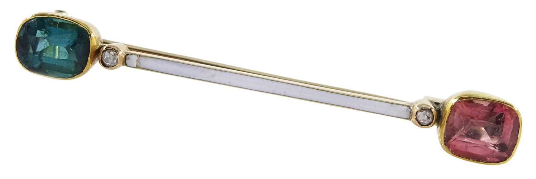 Early 20th century Austrian 14ct gold tourmaline, diamond and white enamel bar brooch, each end set with a green and pink tourmaline and a single stone diamond chip, by Ernst Paltscho (Vienna 1858-1929) hallmarked, in original fitted silk lined box 