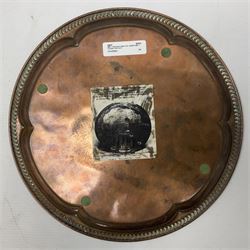 HMS Foudroyant copper tray, with label to reverse, together with a Georgian coin purse, plate D30cm