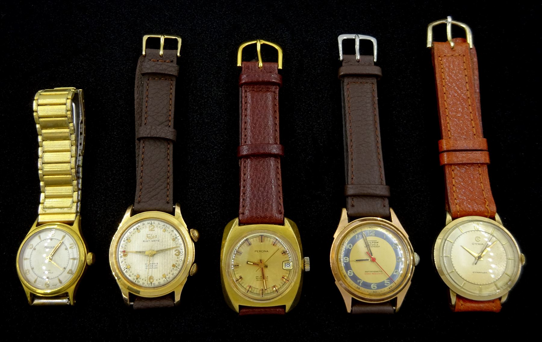 Four gentleman's manual wind wristwatches including Felea Rist-Mate 21 jewel, Rotary, Cyma and Fulton and a Perona 258 jewel automatic wristwatch (5)