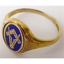  Masonic interest - 9ct gold and enamel ring 4.91g approx, silver-plated & enameled teaspoon, leather pouch and booklet   