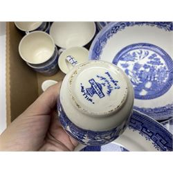Shelley Maytime pattern sauce boat and saucer, Hornsea vases, blue and white Willow pattern dinner wares and a collection of other ceramics and glassware, in four boxes 